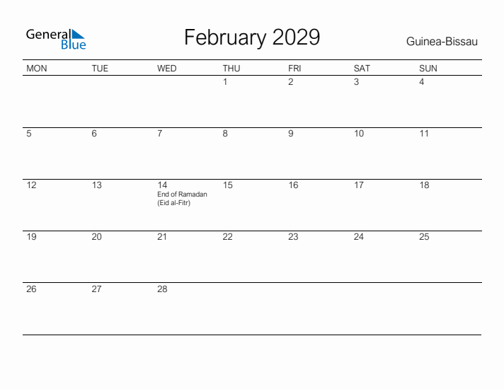 Printable February 2029 Calendar for Guinea-Bissau