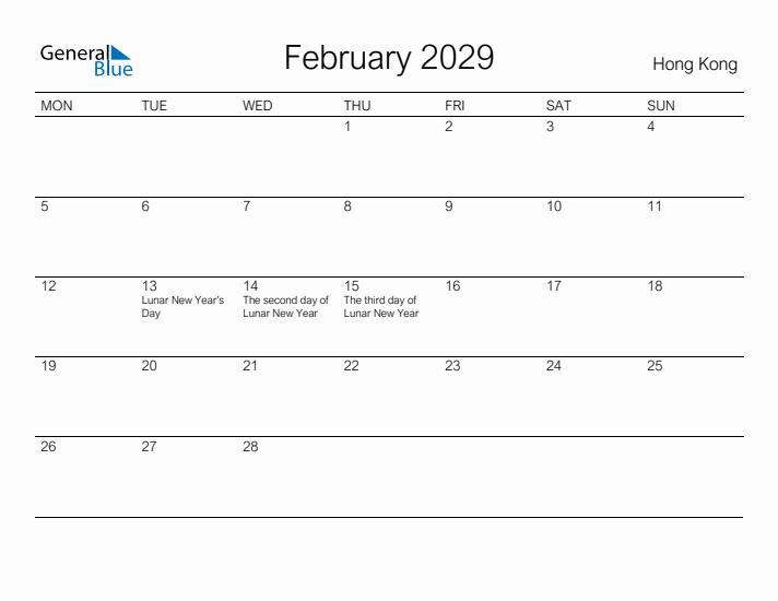 Printable February 2029 Calendar for Hong Kong