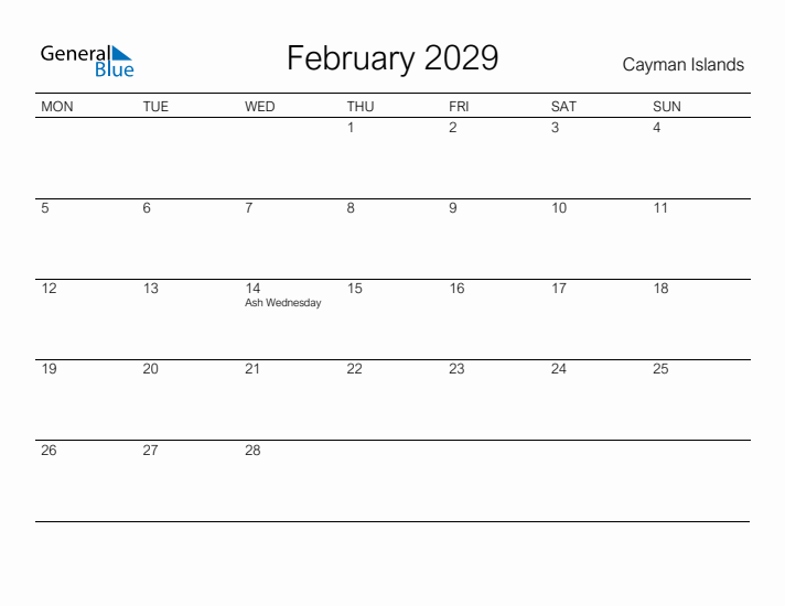 Printable February 2029 Calendar for Cayman Islands