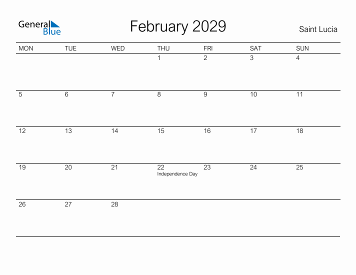 Printable February 2029 Calendar for Saint Lucia