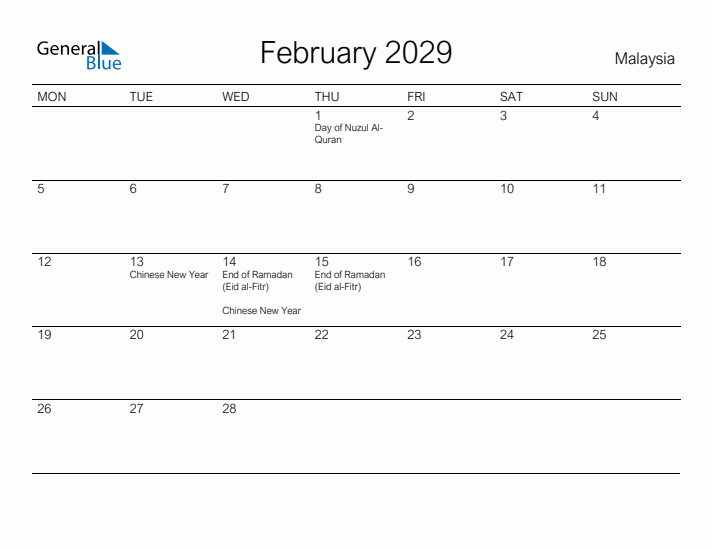 Printable February 2029 Calendar for Malaysia