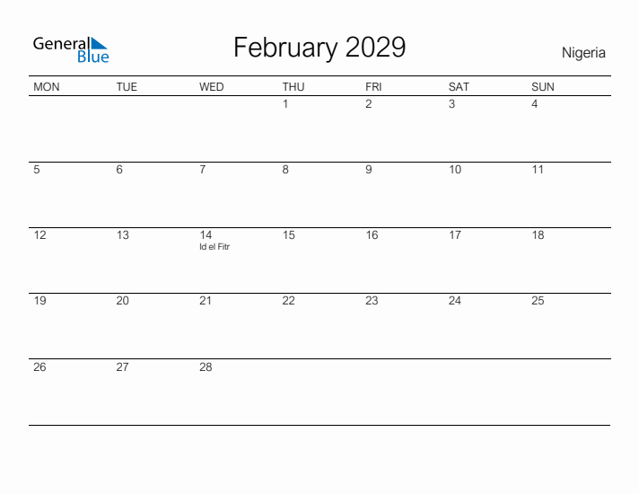 Printable February 2029 Calendar for Nigeria