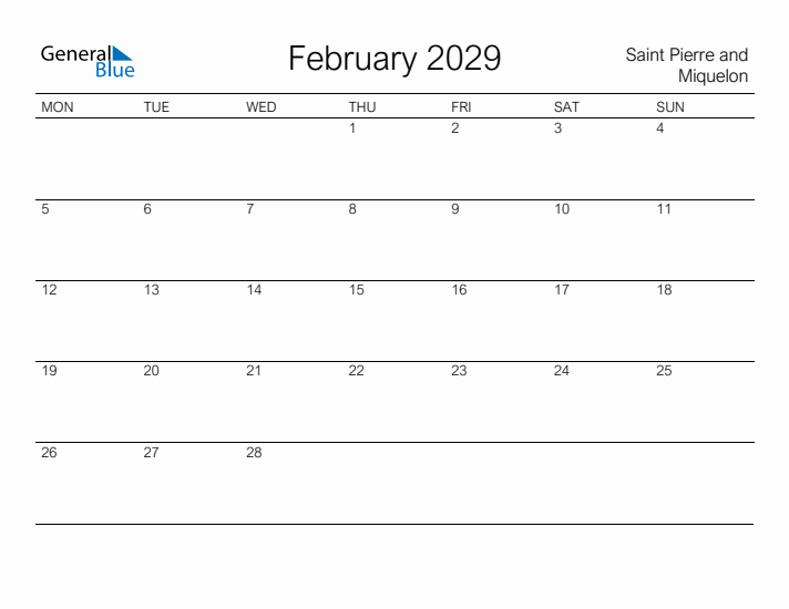 Printable February 2029 Calendar for Saint Pierre and Miquelon