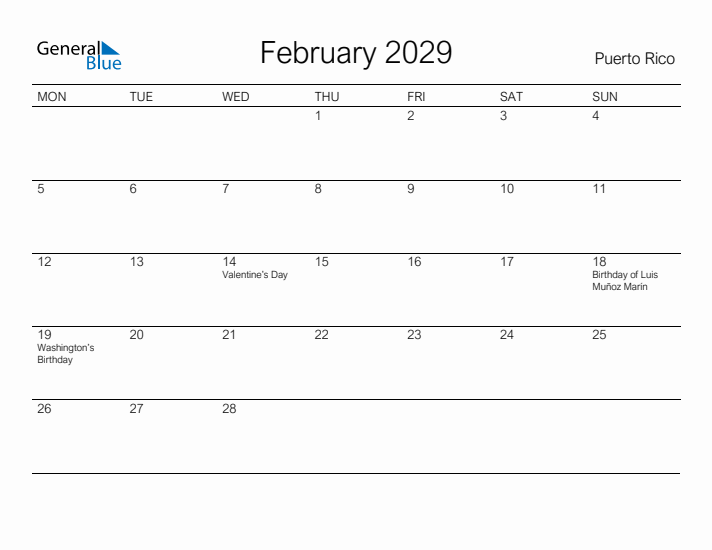 Printable February 2029 Calendar for Puerto Rico