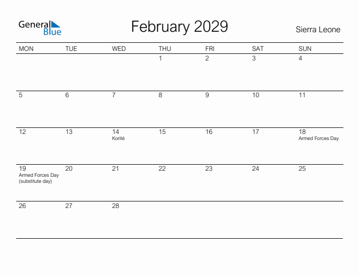 Printable February 2029 Calendar for Sierra Leone