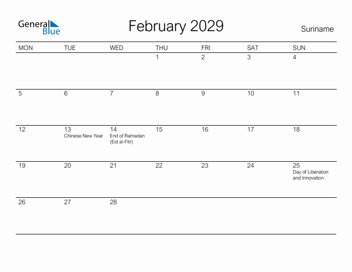 Printable February 2029 Calendar for Suriname