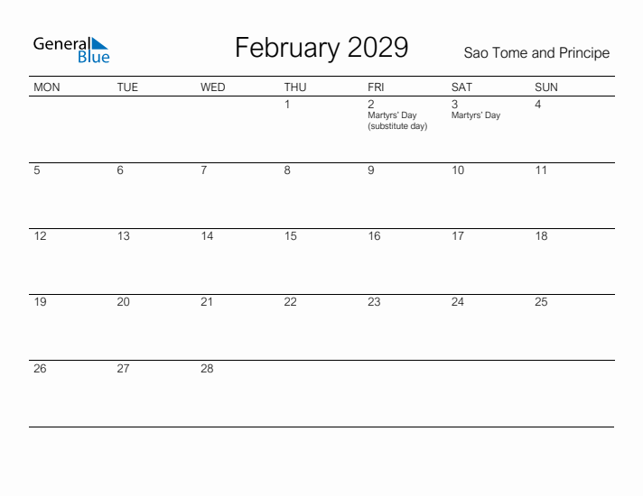 Printable February 2029 Calendar for Sao Tome and Principe