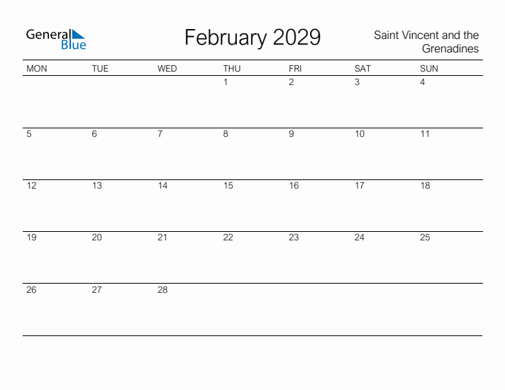 Printable February 2029 Calendar for Saint Vincent and the Grenadines