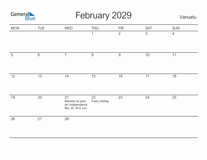 Printable February 2029 Calendar for Vanuatu