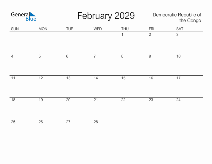 Printable February 2029 Calendar for Democratic Republic of the Congo