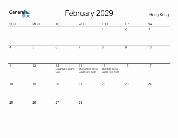 Printable February 2029 Calendar for Hong Kong