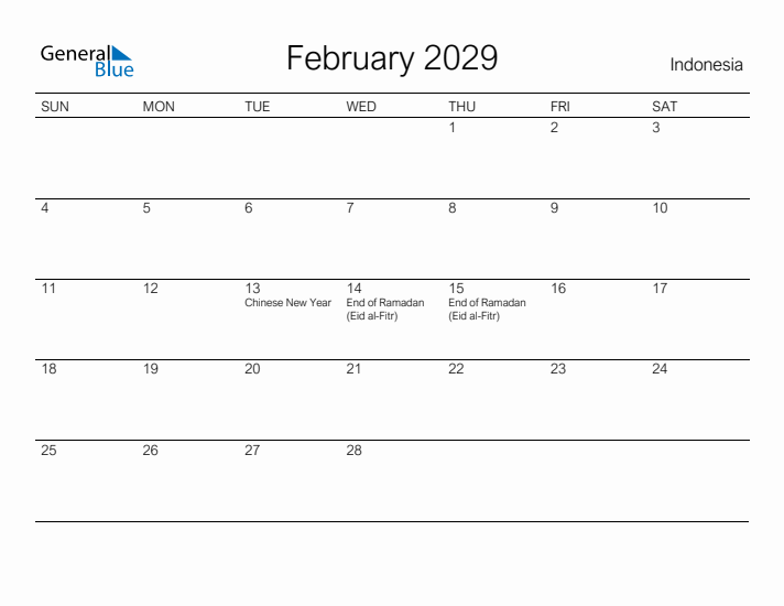 Printable February 2029 Calendar for Indonesia