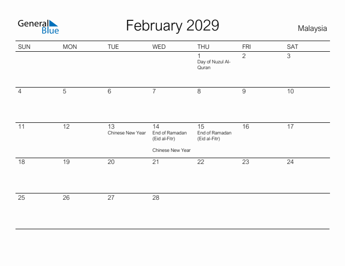 Printable February 2029 Calendar for Malaysia