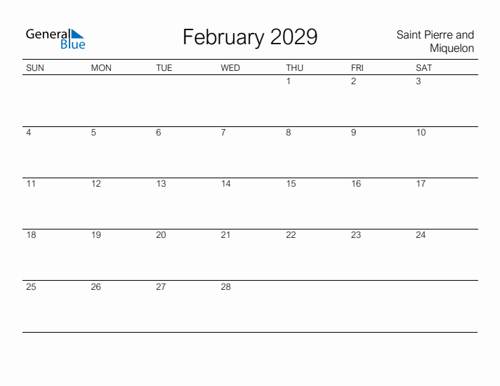 Printable February 2029 Calendar for Saint Pierre and Miquelon