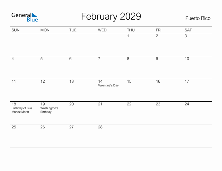 Printable February 2029 Calendar for Puerto Rico