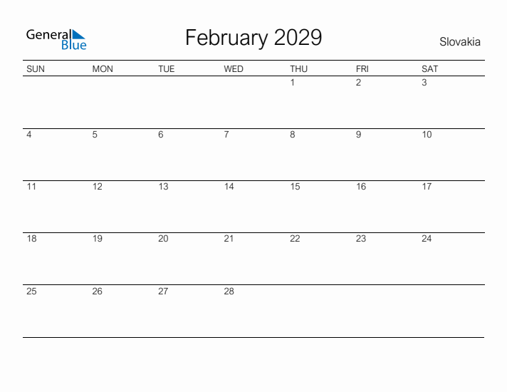 Printable February 2029 Calendar for Slovakia