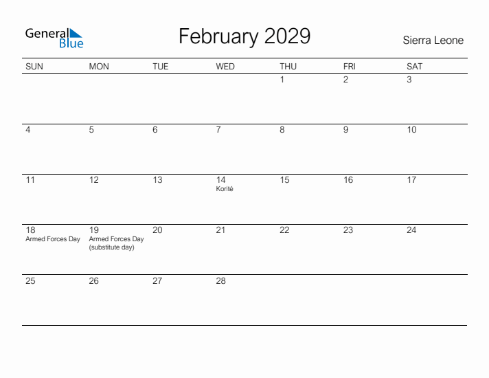 Printable February 2029 Calendar for Sierra Leone