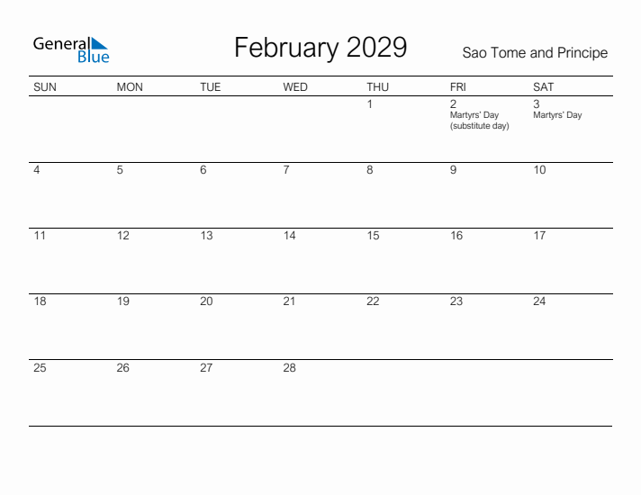 Printable February 2029 Calendar for Sao Tome and Principe