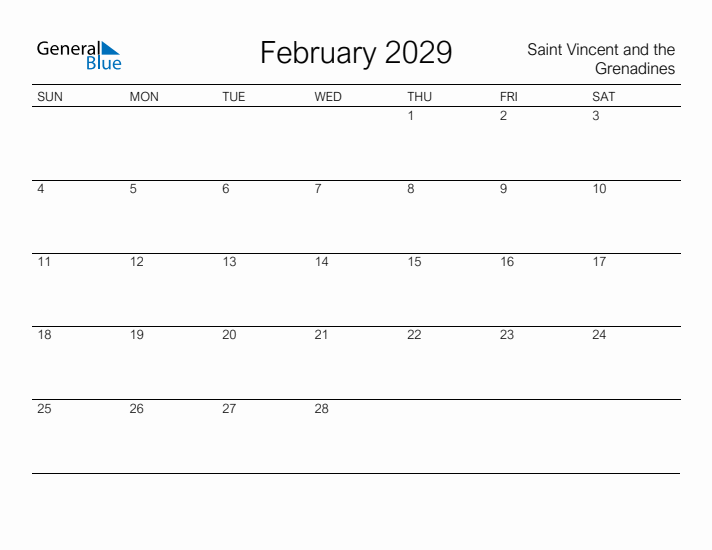 Printable February 2029 Calendar for Saint Vincent and the Grenadines