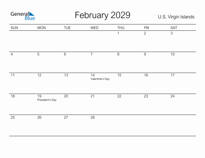 Printable February 2029 Calendar for U.S. Virgin Islands
