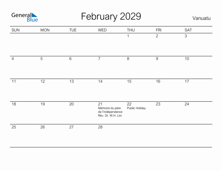 Printable February 2029 Calendar for Vanuatu