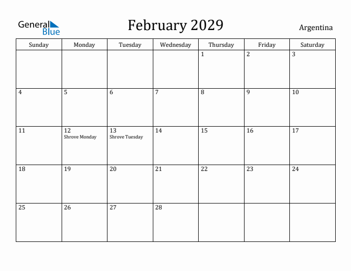 February 2029 Calendar Argentina