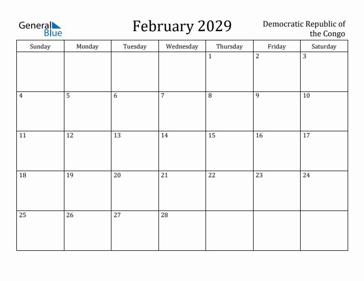 February 2029 Calendar Democratic Republic of the Congo