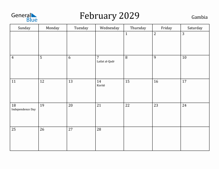February 2029 Calendar Gambia