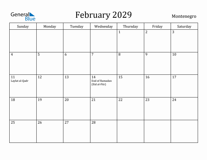 February 2029 Calendar Montenegro