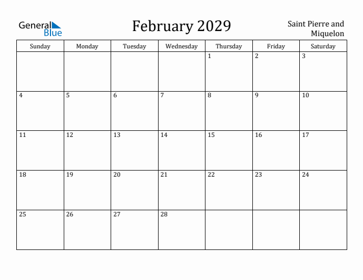 February 2029 Calendar Saint Pierre and Miquelon