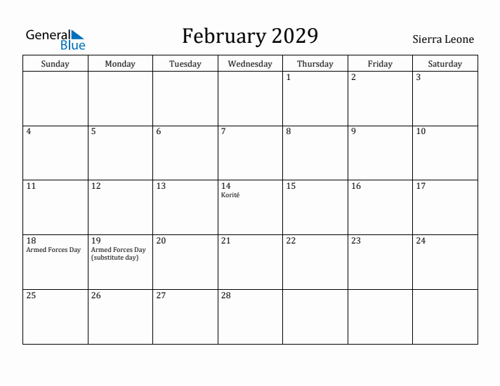 February 2029 Calendar Sierra Leone