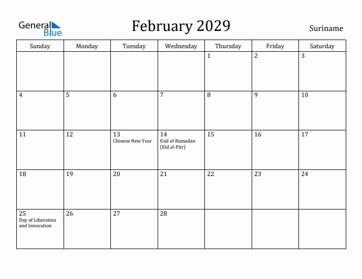 February 2029 Calendar Suriname