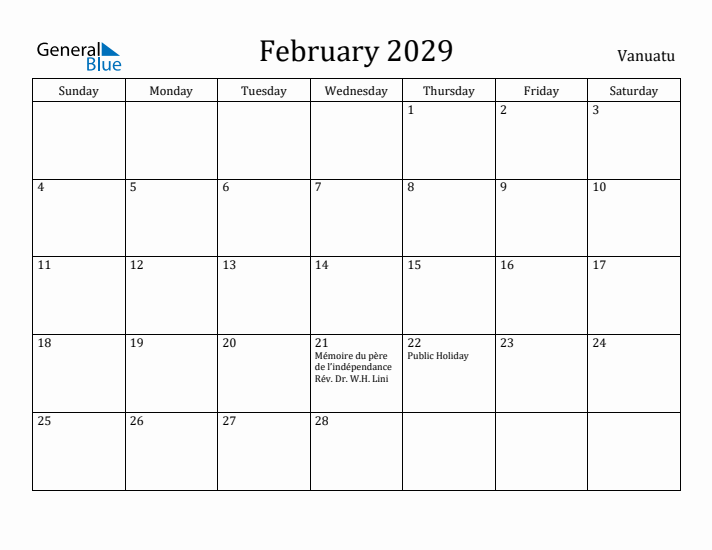 February 2029 Calendar Vanuatu