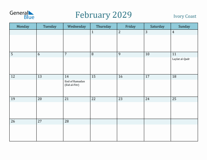 February 2029 Calendar with Holidays