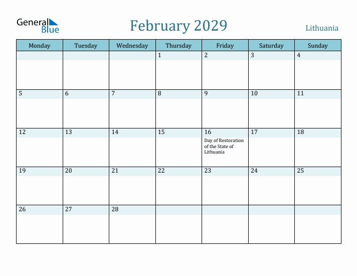 February 2029 Calendar with Holidays
