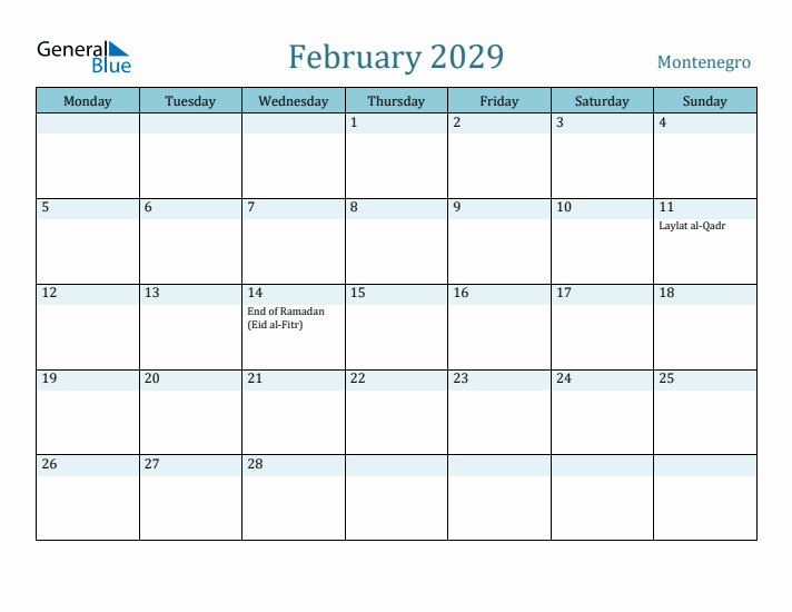 February 2029 Calendar with Holidays