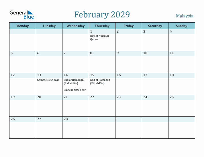February 2029 Calendar with Holidays