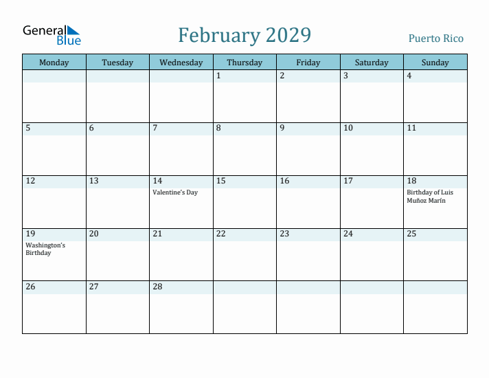 February 2029 Calendar with Holidays