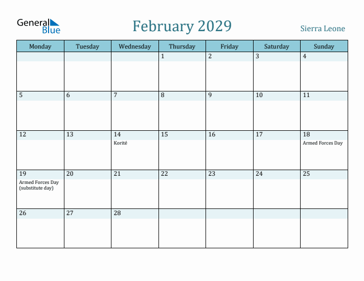 February 2029 Calendar with Holidays