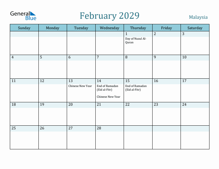 February 2029 Calendar with Holidays