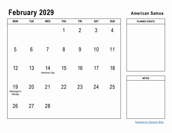 February 2029 Printable Monthly Calendar with American Samoa Holidays