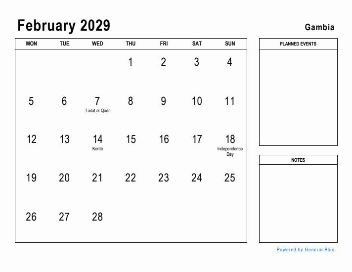 February 2029 Printable Monthly Calendar with Gambia Holidays