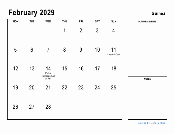 February 2029 Printable Monthly Calendar with Guinea Holidays
