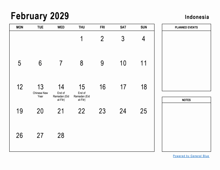 February 2029 Printable Monthly Calendar with Indonesia Holidays