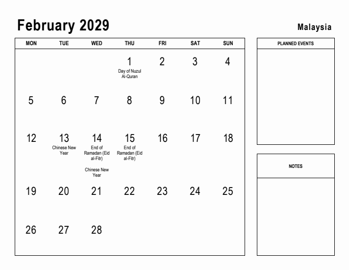 February 2029 Printable Monthly Calendar with Malaysia Holidays