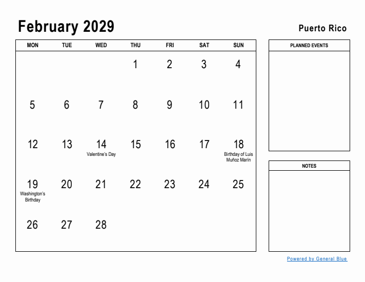February 2029 Printable Monthly Calendar with Puerto Rico Holidays