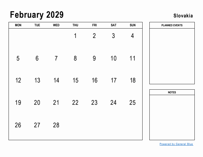 February 2029 Printable Monthly Calendar with Slovakia Holidays