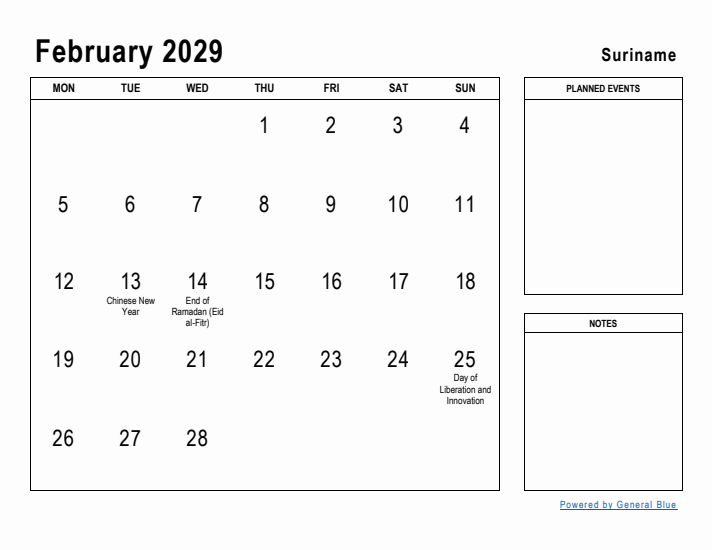 February 2029 Printable Monthly Calendar with Suriname Holidays