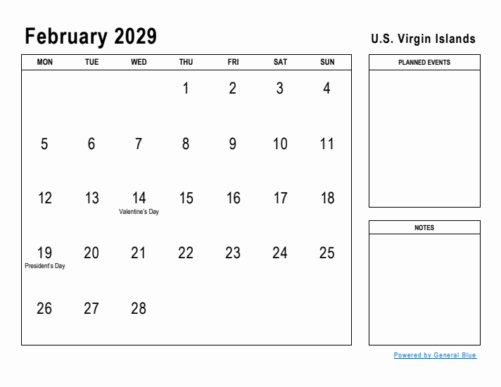 February 2029 Printable Monthly Calendar with U.S. Virgin Islands Holidays
