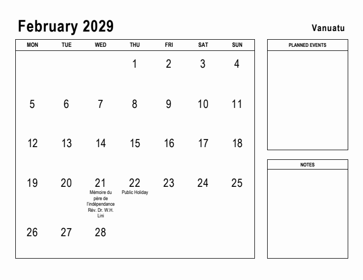 February 2029 Printable Monthly Calendar with Vanuatu Holidays
